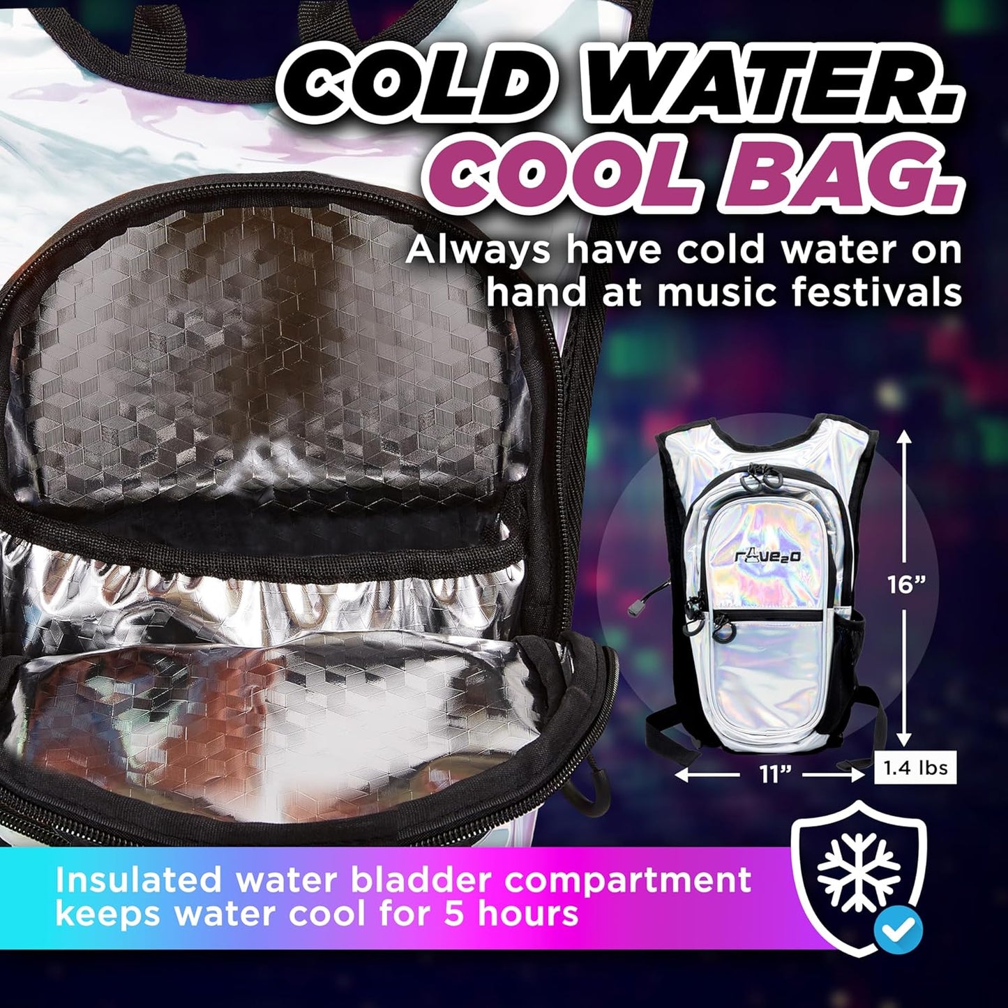 Rave Hydration Backpack – Anti-Theft Festival Hydration Pack with 1.5L Leakproof TPU Bladder – Slim, Insulated Water Pack with Secret Pockets & Breathable Back – for Raves, Music Festivals, EDC