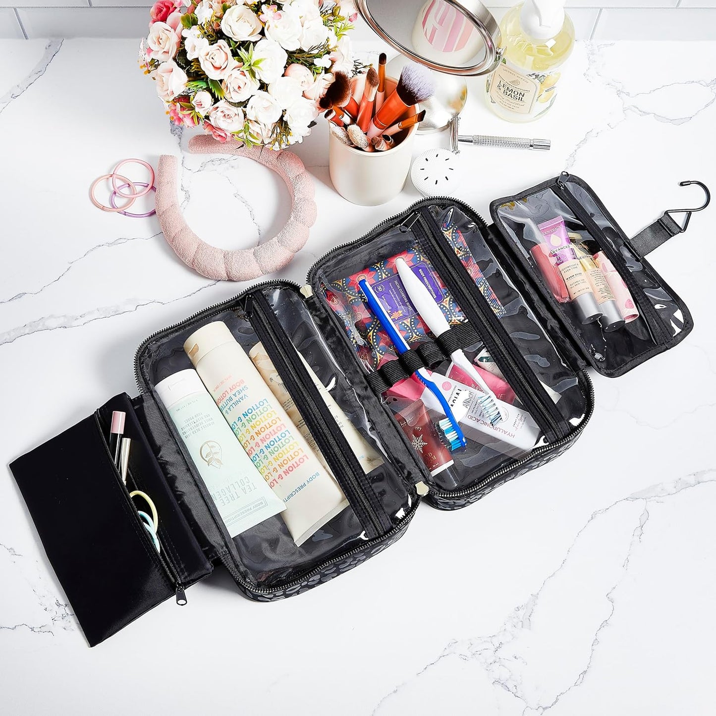 Nicole Miller New York Once Upon a Rose Makeup Bag, Multifunctional Travel and Toiletries Bag, Cosmetics Essentials Accessories Bag, Luxurious, Classic, Chic, and Stylish, Black Cow