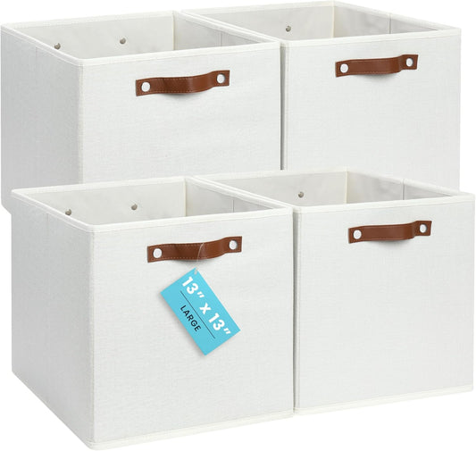 OrganiHaus 13x13 Cube Fabric Storage Bins Set of 4, Fabric Storage Cubes w/ Vegan Handles, 13 inch Collapsible Bins for Clothes & Toy Organizer, Cubbies Organizer, 13x13 Basket for Decor - White