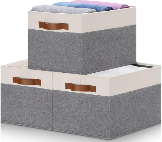 Large Fabric Storage Bins, Foldable Fabric Storage Baskets for Shelves, Sturdy Storage Boxes with PU Handles for Organizing Closet Home Bedroom Office (26L, 3 Packs, Grey&White)