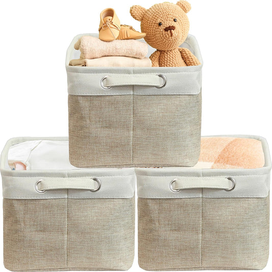 Simple Houseware 14.4" x 10" Fabric Storage Bin with Handles, 3-Pack, Foldable Organizer for Closet and Shelf, Beige