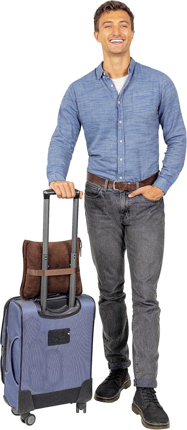 BlueHills Premium Soft Travel Blanket Pillow Airplane Blanket Soft Bag Pillow case with Hand Luggage Belt and Backpack Clip Compact Pack Large Portable Throw Air Plane Flight Travel (Brown T009)