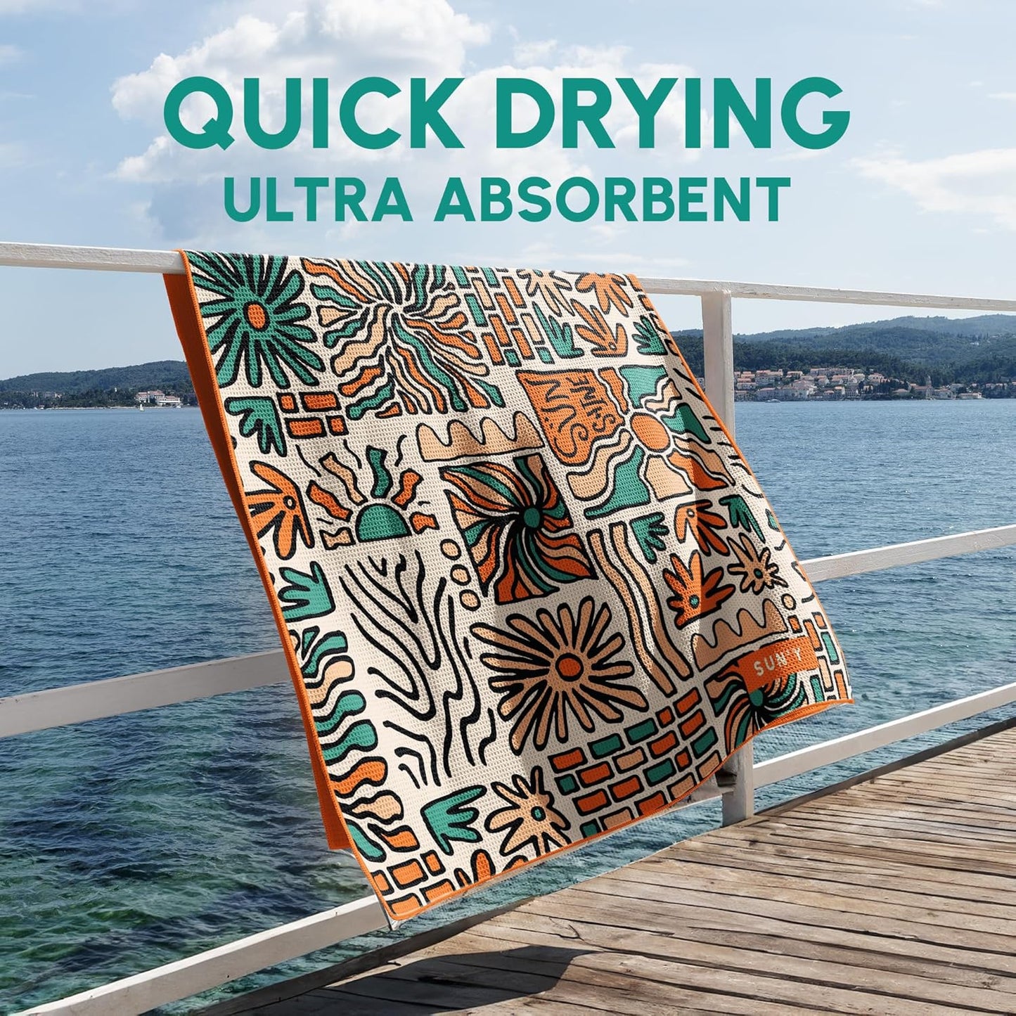 SUN'Y Beach Towel - Sand Free, Microfiber, Compact & Lightweight Travel, Quick Dry - Groovy - Large (63”x31.5”)