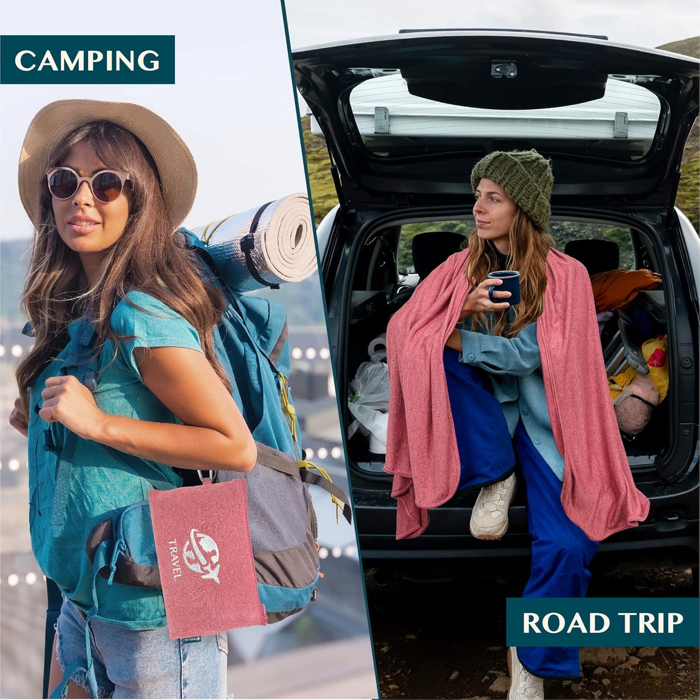 PAVILIA Soft Travel Blanket, Compact Airplane Blanket in Bag, Portable Blanket Pillow Set, Lightweight and Packable Plane Flight Car Trips Travel Home Office Gift Accessories, Pink, 65x40 inches