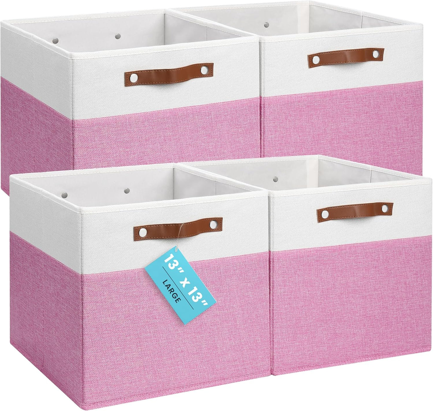 OrganiHaus 13x13 Cube Fabric Storage Bins Set of 4, Fabric Storage Cubes w/ Vegan Handles, 13 inch Collapsible Bins for Clothes & Toy Organizer, Cubbies Organizer, 13x13 Basket for Decor - Pink/White
