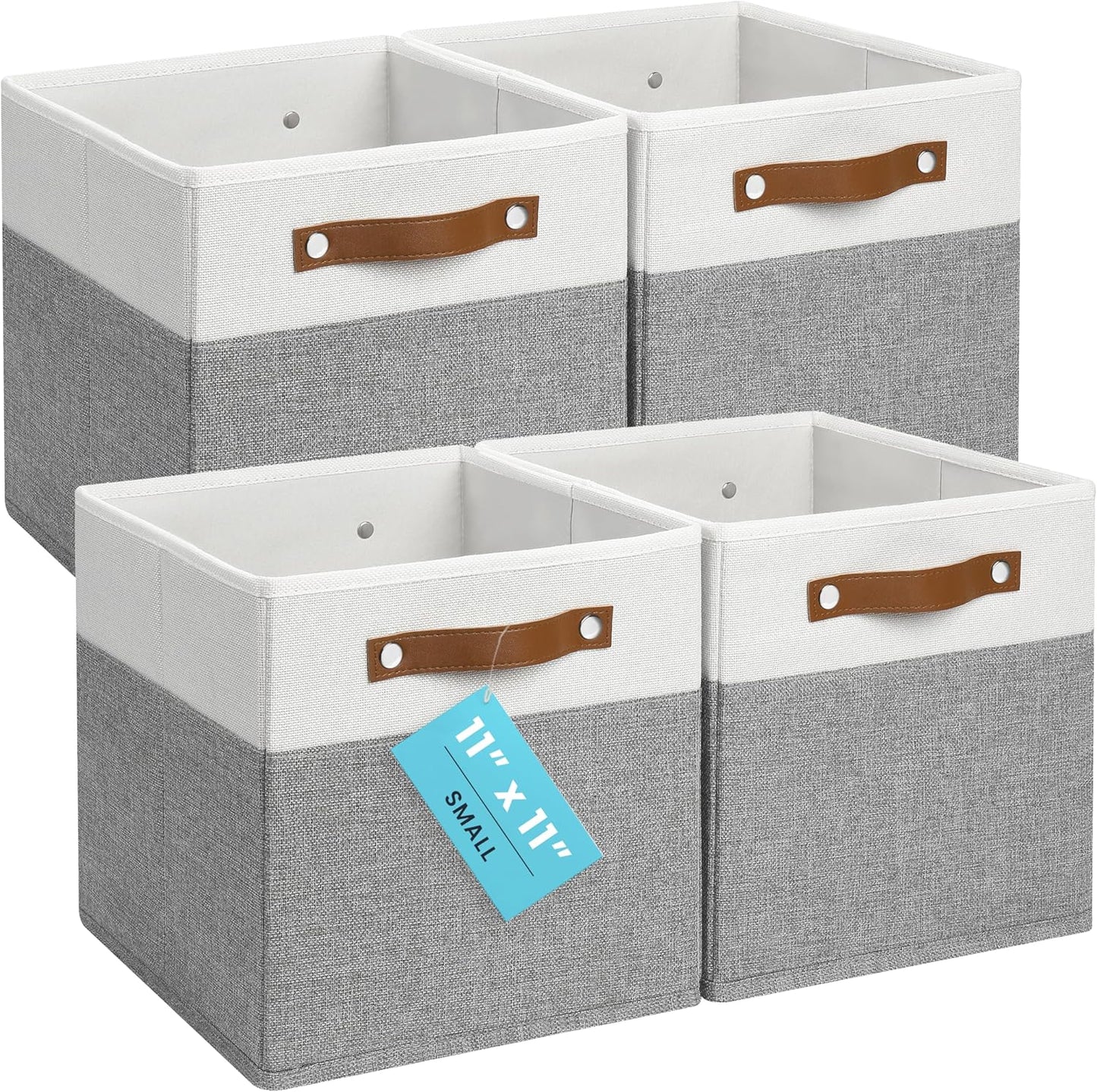 OrganiHaus 11x11 Fabric Cubes Storage Bins Set of 4, Foldable Collapsible Fabric Storage Bins for Organizer, Cubbies Organizer for Kallax, Linen Cube Shelf Baskets, Toy Organizing boxes - Grey/White