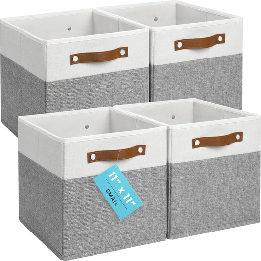 OrganiHaus 11x11 Fabric Cubes Storage Bins Set of 4, Foldable Collapsible Fabric Storage Bins for Organizer, Cubbies Organizer for Kallax, Linen Cube Shelf Baskets, Toy Organizing boxes - Grey/White