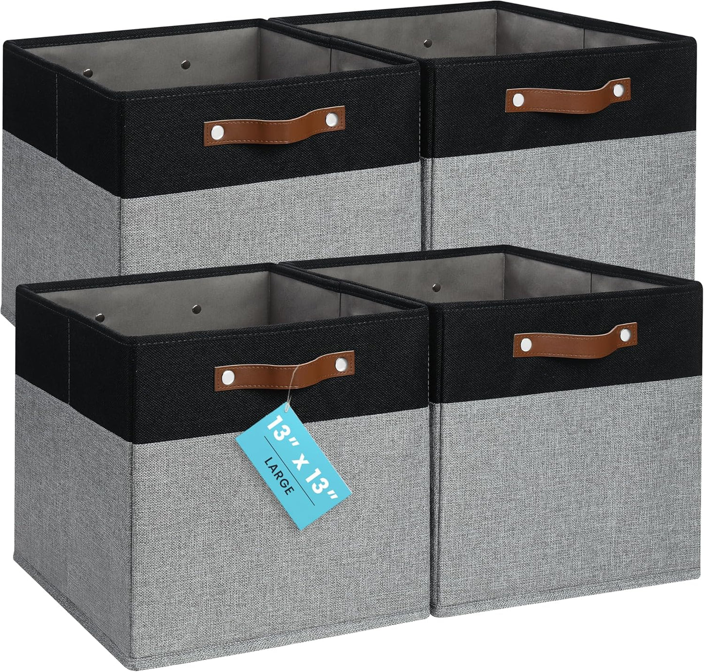 OrganiHaus 13x13 Cube Fabric Storage Bins Set of 4, Fabric Storage Cubes w/ Vegan Handles, 13 inch Collapsible Bins for Clothes & Toy Organizer, Cubbies Organizer, 13x13 Basket for Decor - Grey/Black