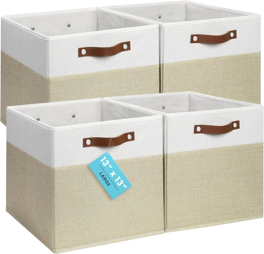 OrganiHaus 13x13 Cube Fabric Storage Bins Set of 4, Fabric Storage Cubes w/ Vegan Handles, 13 inch Collapsible Bins for Clothes & Toy Organizer, Cubbies Organizer, 13x13 Basket for Decor - Beige/White