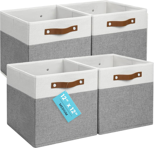 OrganiHaus 12x12 Fabric Storage Bins - Set of 4, Cube Fabric Organizer Bins with Vegan Handles, Kallax Storage Cubes, Cubbies Organizer Boxes, 12Inch Cubic Baskets for Shelves - Grey / White