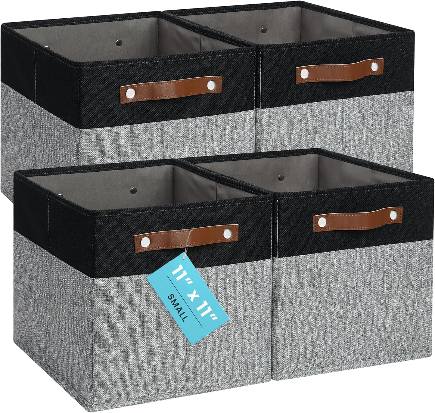OrganiHaus 11x11 Cube Storage Bins - Set of 4, Fabric Cubby Bins with Vegan Handles, Square Storage Cubes in Gray/Black