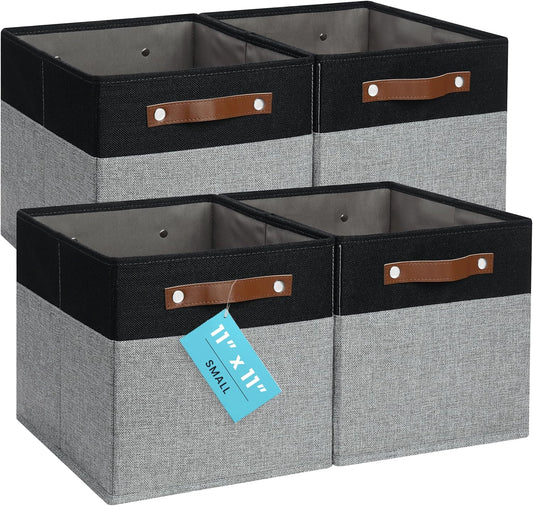 OrganiHaus 11x11 Cube Storage Bins - Set of 4, Fabric Cubby Bins with Vegan Handles, Square Storage Cubes in Gray/Black