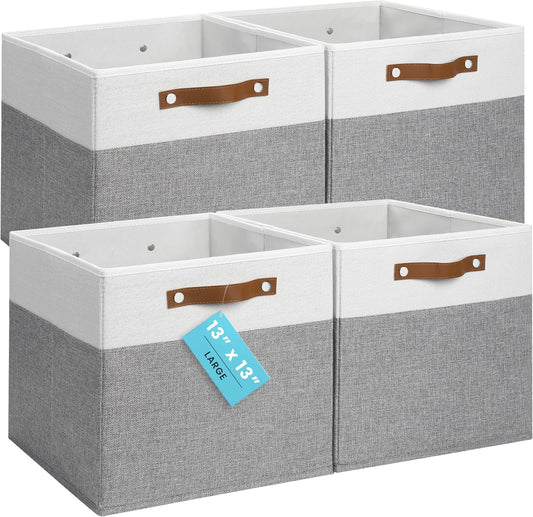 OrganiHaus 13x13 Cube Fabric Storage Bins Set of 4, Fabric Storage Cubes w/ Vegan Handles, 13 inch Collapsible Bins for Clothes & Toys Organizer, Cubbies Organizer, 13x13 Basket for Decor - Grey/White