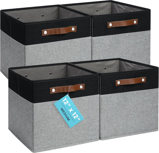 OrganiHaus 12x12 Fabric Storage Bins - Set of 4, Cube Fabric Organizer Bins with Vegan Handles, Kallax Storage Cubes, Cubbies Organizer Boxes, 12Inch Cubic Baskets for Shelves - Grey/Black